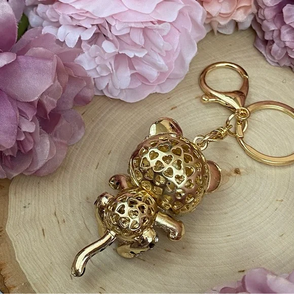 Peach and Silver Crystal Gold Tiger Keychain Charm - Picture 8 of 9